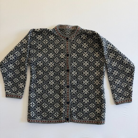 VINTAGE 80s Nordic Wool Cardigan Sweater Navy Blue L/XL - Picture 1 of 11